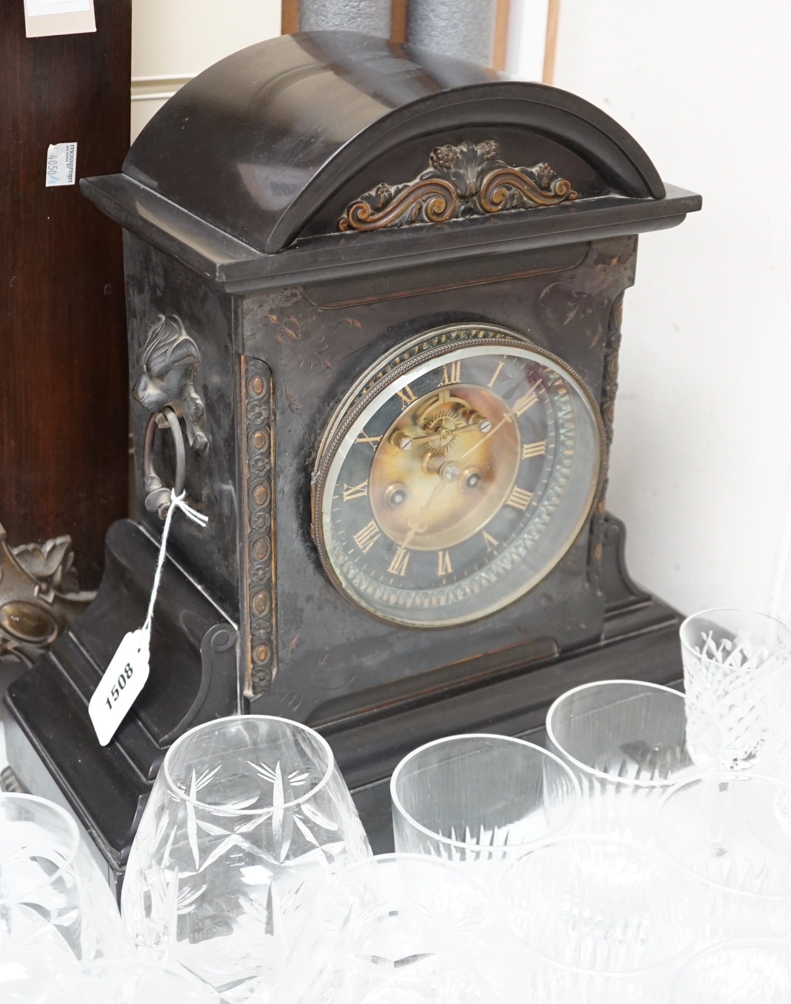 An Edwardian black slate mantel clock, 38cms high